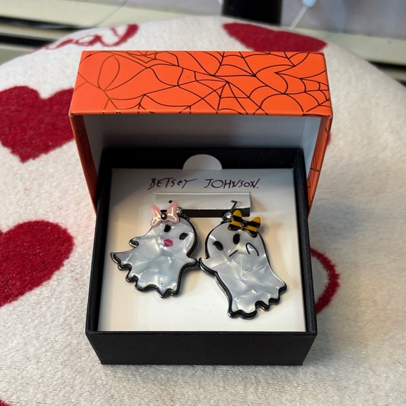 Betsey Johnson Pink and Yellow Bow Ghost Earrings - Picture 1 of 4